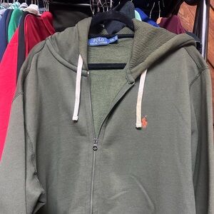 Ralph Lauren Men's Olive Zip-Up Hoodie Orange Logo Drawstring pockets